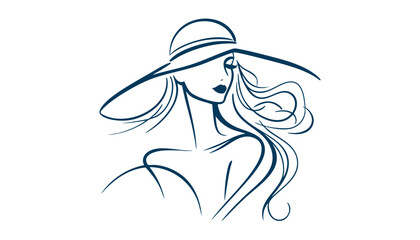 Minimalist Line Art of an Elegant Woman with Flowing Hair & Stylish Hat  Black & White Fashion Illustration