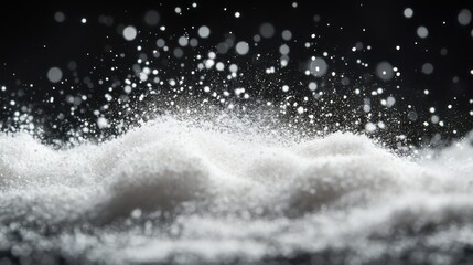 An abstract image showcasing white particles resembling snow or sugar, with a dark background enhancing the shimmering effect of the suspended droplets.