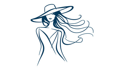 Minimalist Line Art of an Elegant Woman with Flowing Hair & Stylish Hat  Black & White Fashion Illustration