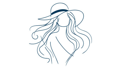 Minimalist Line Art of an Elegant Woman with Flowing Hair & Stylish Hat  Black & White Fashion Illustration