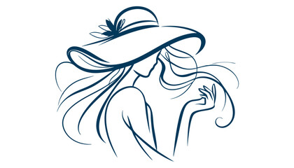 Minimalist Line Art of an Elegant Woman with Flowing Hair & Stylish Hat  Black & White Fashion Illustration