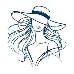 Minimalist Line Art of an Elegant Woman with Flowing Hair & Stylish Hat  Black & White Fashion Illustration
