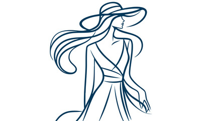 Minimalist Line Art of an Elegant Woman with Flowing Hair & Stylish Hat  Black & White Fashion Illustration
