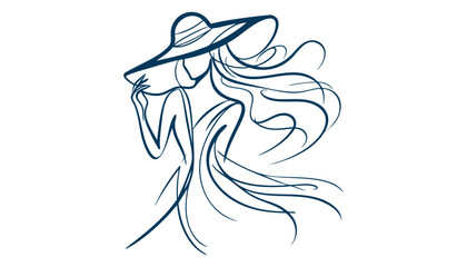Minimalist Line Art of an Elegant Woman with Flowing Hair & Stylish Hat  Black & White Fashion Illustration