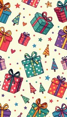 Whimsical birthday gift boxes in seamless pattern with doodle elements, pattern, party