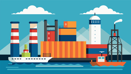 Obraz premium A shipping port dotted with towering silos each with a different oil companys logo emblazoned on the side.. Vector illustration