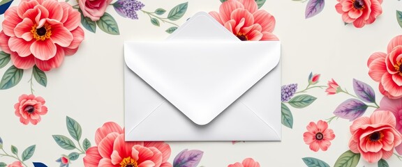 Empty envelope on floral postcard background; elegant invitation template, elegant, colorful