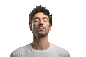 Man with curly hair and white shirt is meditating with his eyes closed on a black background space for text transparent backgroundpng