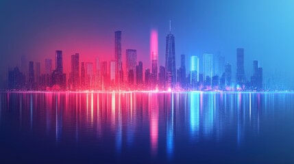 Obraz premium A vibrant city skyline reflects colorful lights on the water, showcasing a futuristic urban landscape at dusk.