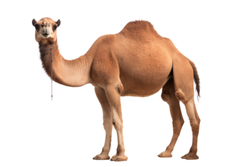 A light brown camel standing upright with a rope hanging from its mouth on a black background transparent backgroundpng