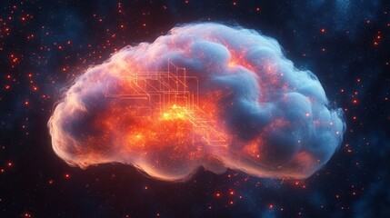 Naklejka premium A vibrant depiction of a cloud resembling a brain, glowing with fiery patterns and cosmic elements against a dark background.
