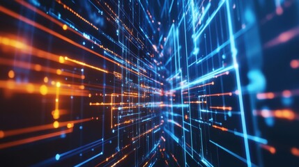A vibrant digital pattern of blue and orange lines depicting a futuristic data stream or circuit, suggesting technology and connectivity.