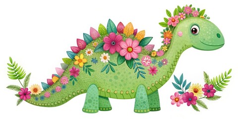 Obraz premium Adorable Dinosaur Drone Photo: Cute Dino with Flowers, Aerial View, Fantasy Landscape