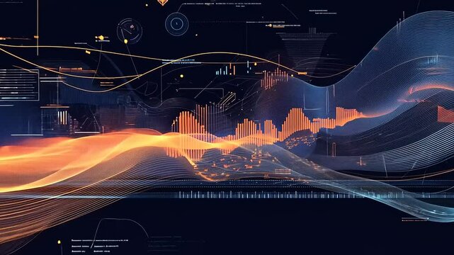Abstract digital landscape with vibrant waves and data visualizations showcasing technology and innovation