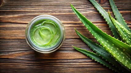 Obraz premium Close-Up Macro Shot of Aloe Vera Gel Jar on Wooden Texture for Modern Product Photography, Perfect for Natural Skincare and Wellness Marketing