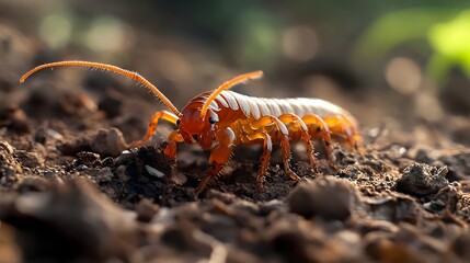 Close up of a vibrant orange centipede crawling on rich dark soil in sunlight