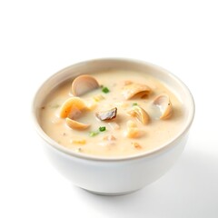 Clam chowder in a ceramic bowl pan isolated on white background