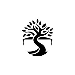 Elegant Minimalist Tree Logo, Black and White, Organic Shape, Vector Graphic