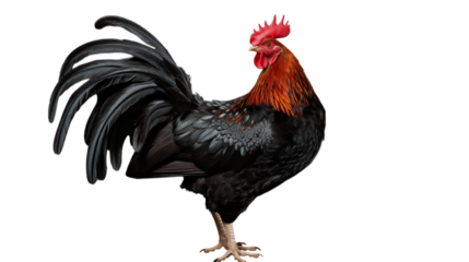 A rooster with black feathers and a red head standing against a black background in a studio shot transparent backgroundpng