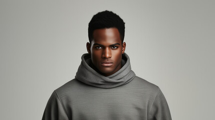 Black male model in stylish sweatshirt, neutral expression, soft lighting, plain grey background. Modern minimalism meets urban fashion.