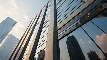 Obraz premium Modern Glass Skyscraper Reflecting Cityscape at Sunset Architectural Design and Urban Development