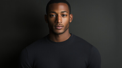 Fototapeta premium Black male model in stylish sweatshirt, neutral expression, soft lighting, plain grey background. Modern minimalism meets urban fashion.