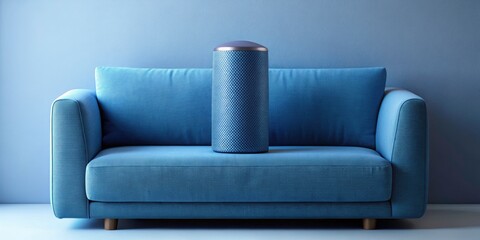 Bokeh Effect, Cylindrical Speaker, Warm Light, Blue Couch, AI Art, Abstract Photography, Modern Design, Home Audio