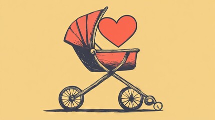 78.Vector artwork of a baby stroller with a large cartoon heart decal on its frame, illustrated with bold lines, vibrant colors, and a friendly, inviting look.