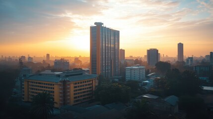 A city skyline at sunrise, showcasing modern buildings against a vibrant sky.