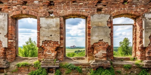 Fototapeta premium Bobruisk Fortress Ruins: Interior Window Views, Historical Belarusian Architecture, Ancient Brickwork, Decaying Fortress Walls