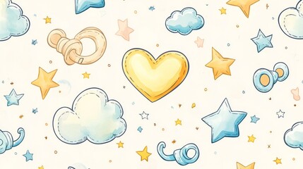 108.A charming wallpaper design of baby-themed elements in a hand-drawn style, featuring pacifiers, hearts, stars, and clouds, creating a seamless horizontal composition.