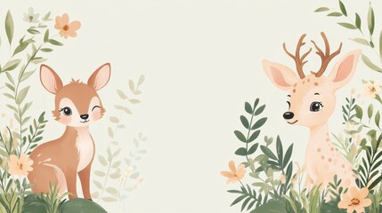 Fototapeta premium 117.Editable vector illustrations of cute baby shower cards in a boho aesthetic, including hand-drawn animals, soft earthy colors, and whimsical floral designs.