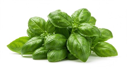 Fototapeta premium Fresh Sweet Basil Sprig, Dewy Leaves, Isolated White Background
