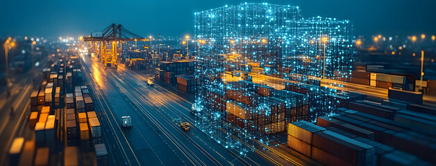 Safety Engineer Observing a Digital Smart Port at Night &ndash; A Fusion of Technology and Industry