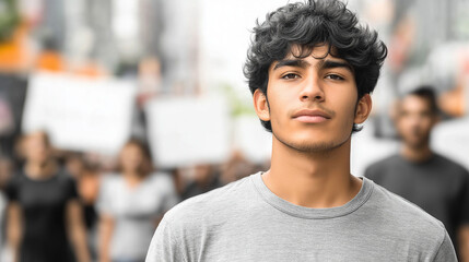 Fototapeta premium A young Latino man stands in front of a group of people holding signs at an environmental protest. He looks directly into the camera and wears a determined expression. 