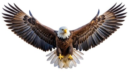 Obraz premium Majestic Bald Eagle Soaring, Wings Spread Wide, Isolated Background - High-Resolution AI Generated Image