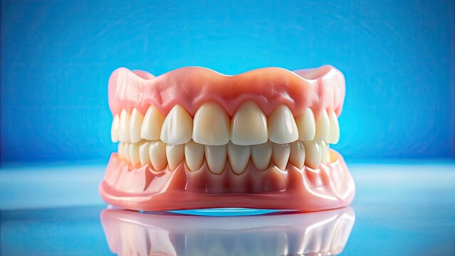 Complete Denture Close-up: Minimalist Dental Photography, False Teeth, Jaws, Blue Background
