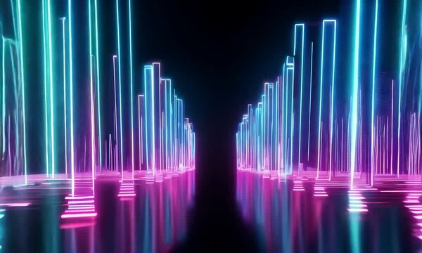 3D vertical lines move in waves. Design. Virtual space with moving wave columns. Pulsating wave columns with neon light in cyberspace