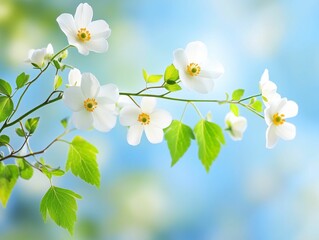 Delicate White Flowers with Green Leaves Against a Soft Blue Background