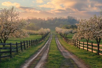 Naklejka premium Spring orchard with blooming fruit trees and fence along grassy path