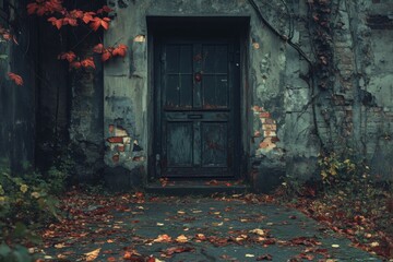 Old stone house with weathered door and red autumn leaves