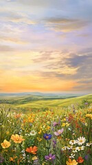 Fototapeta premium Serene Landscape with Colorful Wildflowers Under a Vibrant Sunset