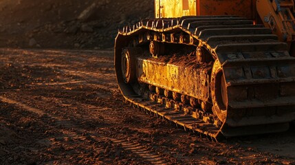 A close-up of a bulldozer wheels and tracks on a dirt road at sunrise.