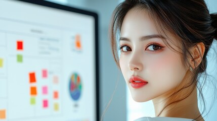 Young Woman with Bright Eyes Engaged in Creative Work, Surrounded by Colorful Sticky Notes and Charts in a Modern Office Setting