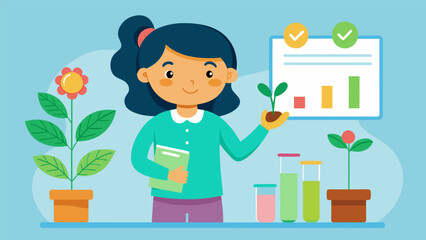 A young girl proudly presenting her research on seed germination surrounded by colorful and labeled plant specimens.. Vector illustration