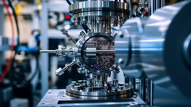Advanced quantum computing apparatus in a high-tech lab showcasing intricate machinery and components