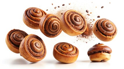 Delicious Cocoa Cinnamon Rolls Buns Falling - Sweet Pastry Photography