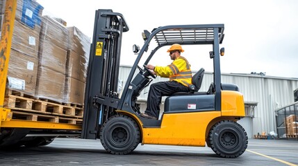 A logistics worker loading goods onto a truck with a forklift.