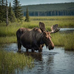 A gentle moose wading through a grassy marsh.