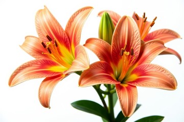 Naklejka premium Close-up of vibrant lily flowers isolated on white backdrop, white background, petals